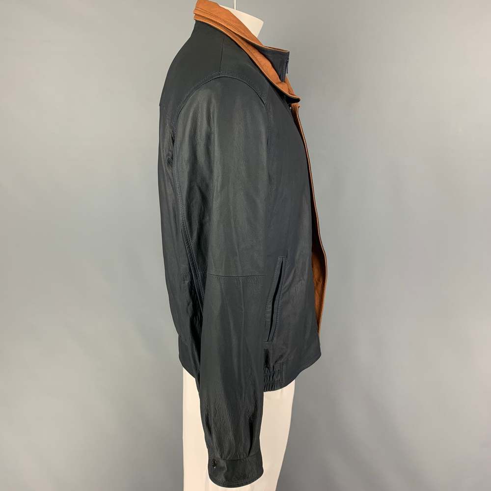REMY Navy Tan Leather Zip Up Jacket - Picture 3 of 6